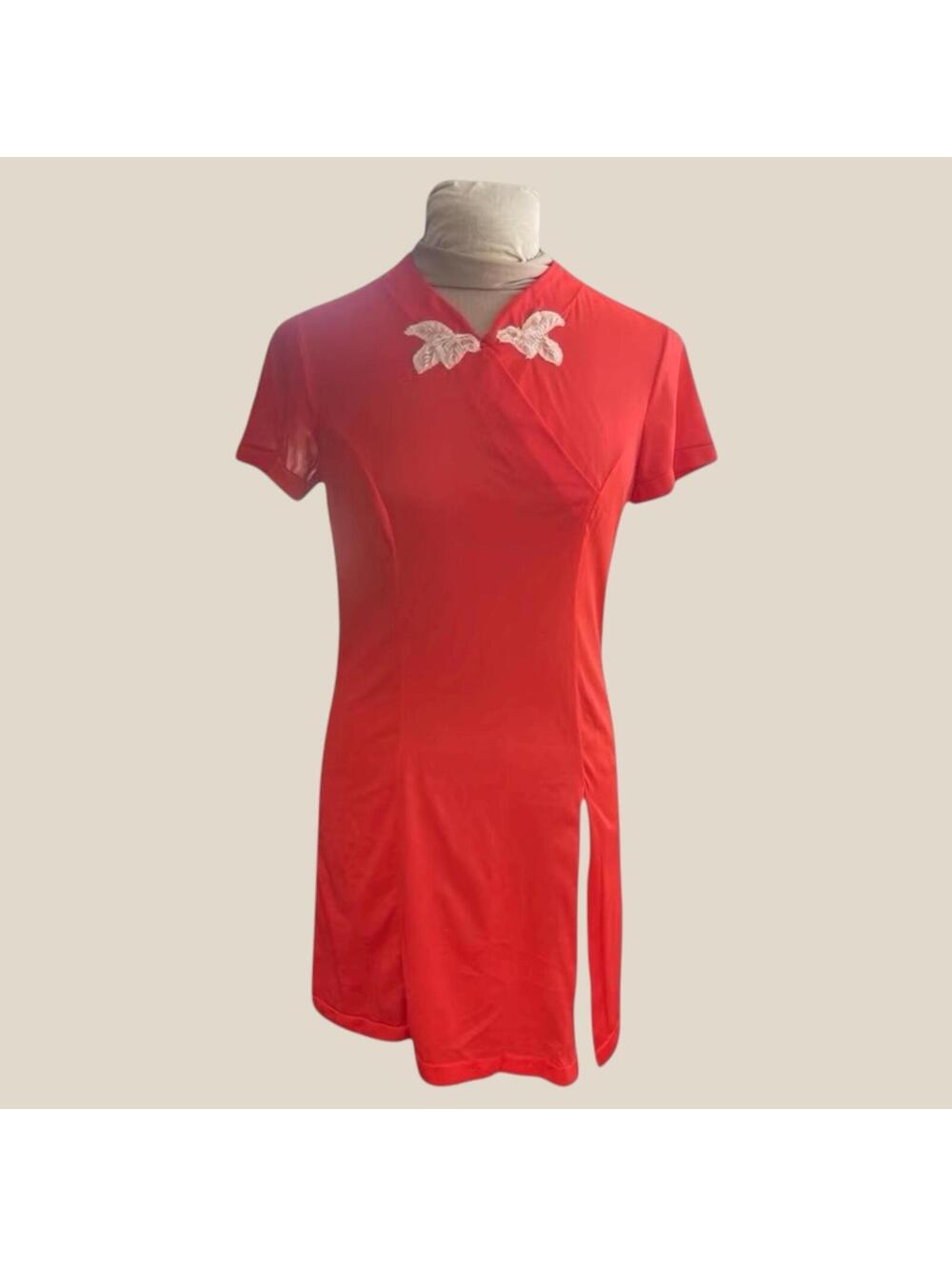 1960s Red Nylon Nightgown, Formfit Rogers, Kimono Collar, Size M
